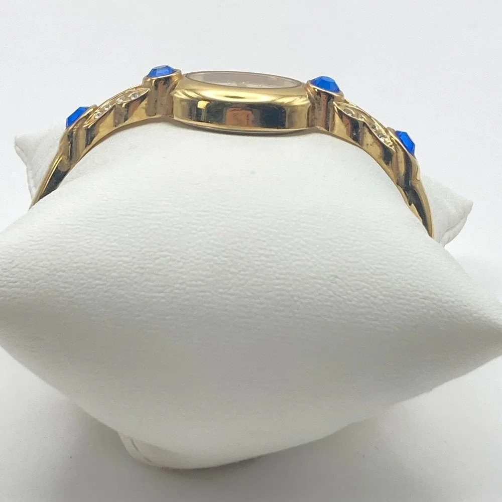 Alto Women's Watch 19mm Gold Tone Blue Crystals Cuff Oval New Battery 6.25